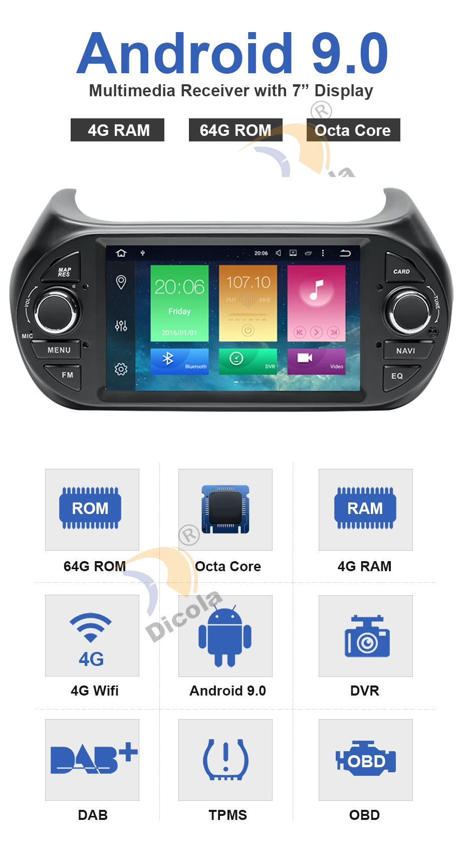 PX5 4G+ 64G " ips автомобильный мультимедийный плеер gps Android 9 Автомагнитола 1Din DVD 4G для FIAT/Fiorino/Qubo/Citroen/Nemo/peugeot/Bipper