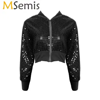 

MSemis Womens Hip-hop Jazz Street Dance Costumes Rave Clothes Shiny Sequins Long Sleeves Crop Top Coat for Stage Performance