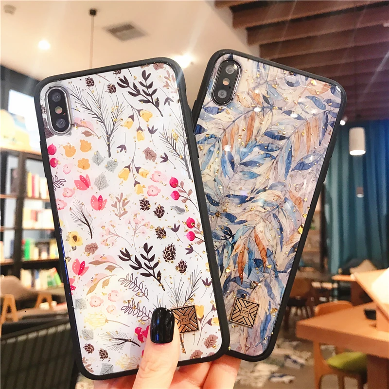 Luxury Gold Foil Phone case For iPhone 11 Pro Max Vintage Art Epoxy Flower cover Fundas 7 8 6 6s XS MAX XR coque | Мобильные