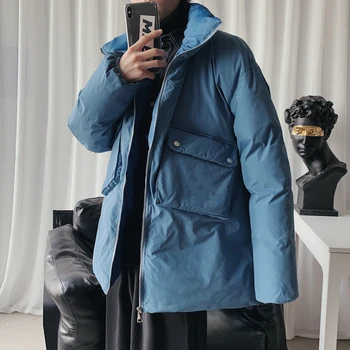 

2019 Winter New Couple Warm Thick Loose Stand Collar Cotton Fashion Casual Pure Large Pocket Top Beige / Blue / Black M-2XL