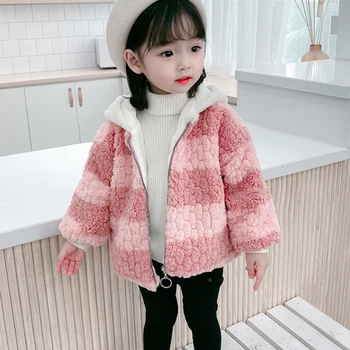 

Winter Girls Striped Jackets With Hooded Fur Kids Berber Fleece Warm Coats Children Outdoor Coats Baby Girl Overcoat 1-8 Years