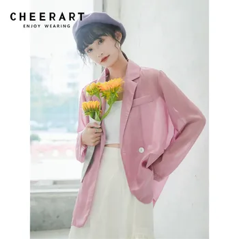 

CHEERART Transparent Tulle Blazer Women Jacket Long Sleeve Summer Blazer White Pink Korean Blazer See Through Cape