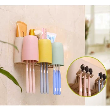 

Dust-proof Toothpaste Dispenser Toothbrush Holder Squeezers Tooth Wall Mount Stand Bathroom Accessories Set Three cups one shelf