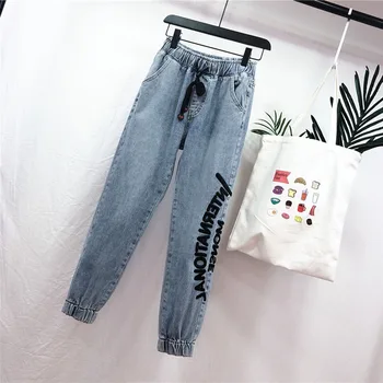 

2020Spring Denim Trousers Women New Autumn Embroidered letters All-match Students Jeans Ankle-length Female Leisure Cowboy Pants