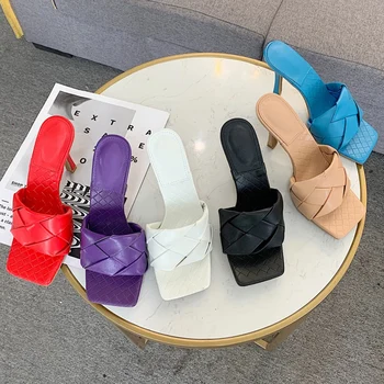 

2020 Luxury Slides Women 9cm High Heels Mules Fetish Summer Sandals Fashion Purple Heels Slippers Prom Platform Stripper Shoes
