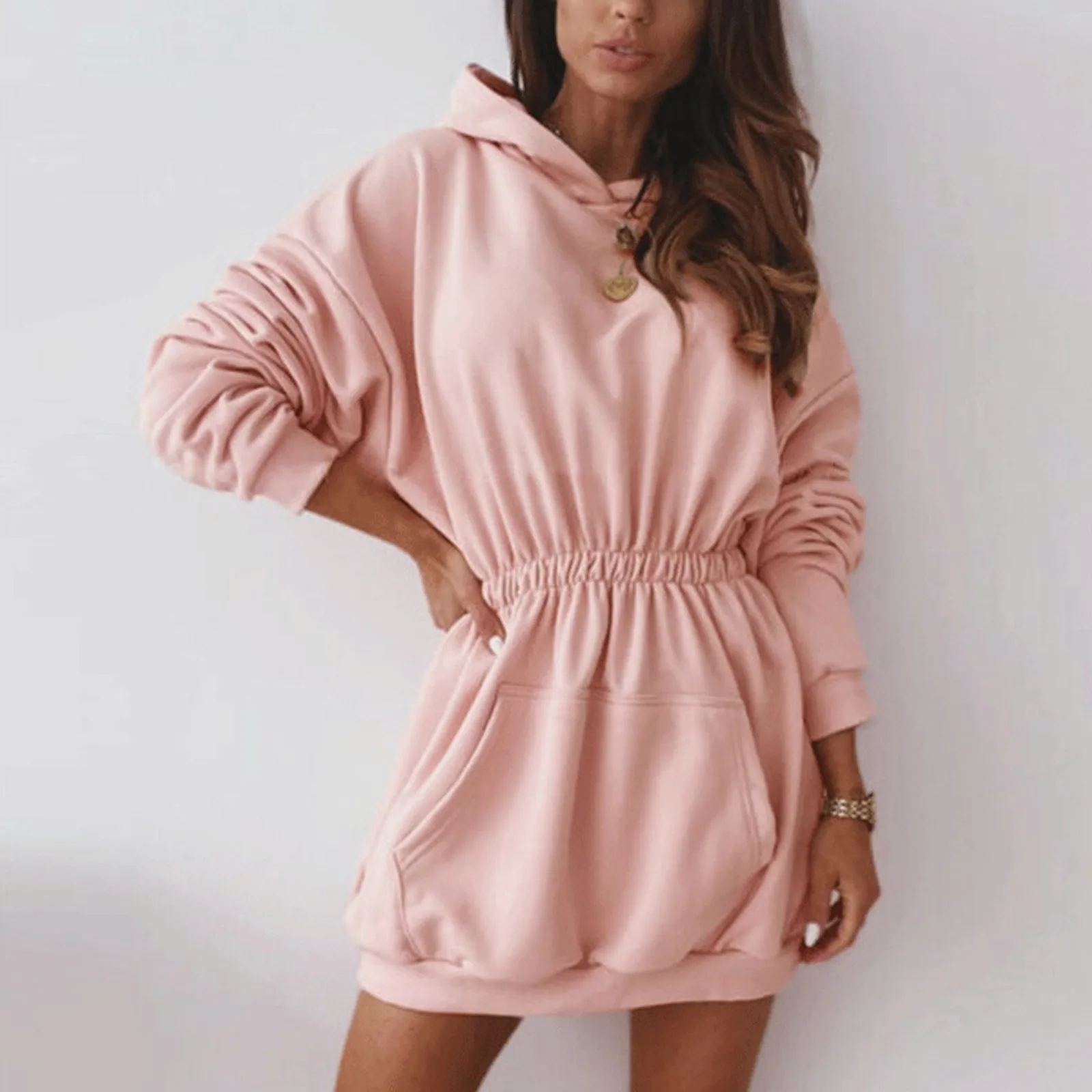 Hoodies Sweatshirt Dress Autumn Women Fitting Solid Color Hooded Dress Long Sleeve Waist Sweatshirts Dress loose Vestidos Mujer 2