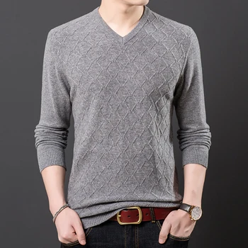 

100% Wool Men Knit Tops Sweater Pullover Basic V Neck for Autumn Winter Solid Color Fashion Casual BO21651229