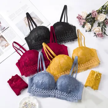 

Sexy Women Lace Underwear Bras Sets Sexy Lace Push Up Side Gathered Bras Seamless Panties Lingerie Bra Briefs Set