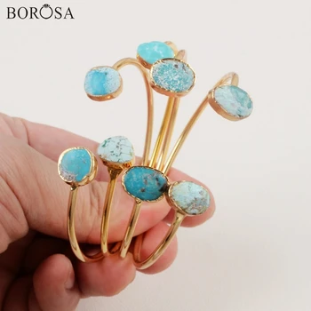 

BOROSA Natural Blue Stone Hand Cuff Bangle Irregular Gold Color Natural Turquoises Bangles for Women Bracelets Charms CL260