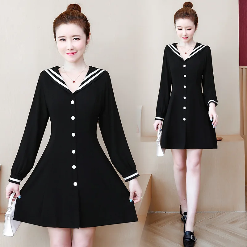 

2020 Spring New Style Large Size Long Sleeve Contrast Color Navy Collar Single Breasted Waist Hugging by Age Platycodon Grandifl