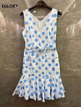 

2020 Summer Fashion Sexy Mermaid Dress High Quality Women V-Neck Blue Polka Dot Print Belt Deco Sleeveless Casual Linen Dress