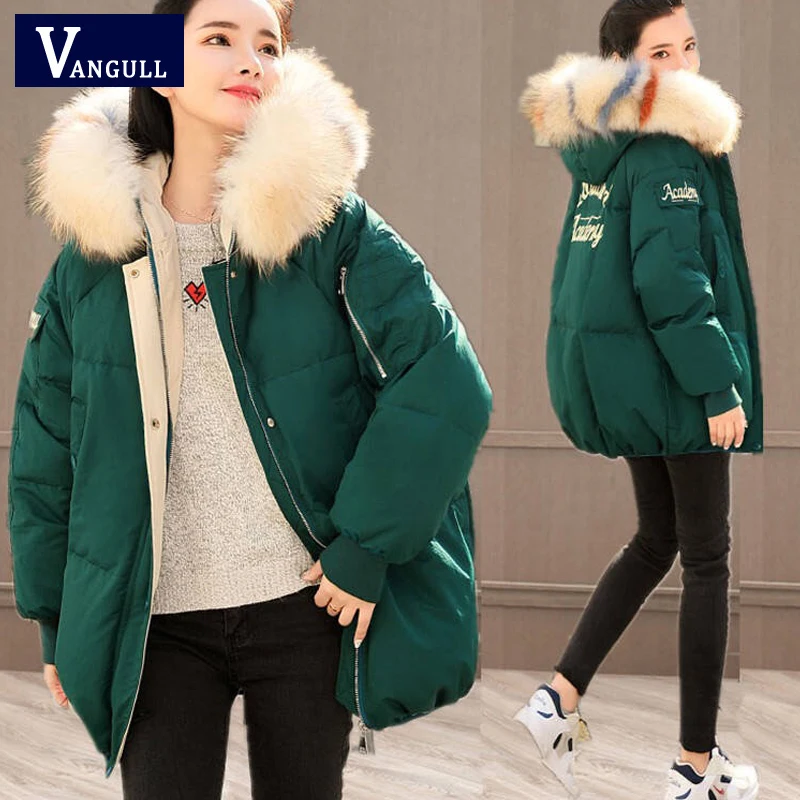 Promo Vangull Solid Fur Hooded Thicken Long Down Coats Women Female Casual Long Sleev Warm Cotton Coats W