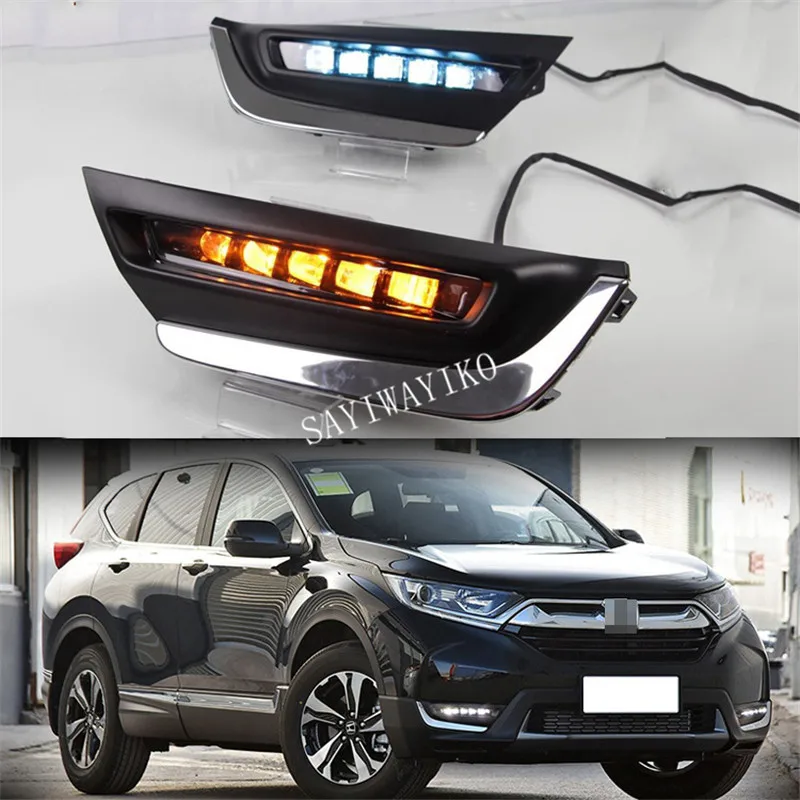 

Дневные ходовые огни, 2 шт., для Honda CRV CR-V, 2017, 2018, 12 В, Светодиодные ДХО, с желтым указателем поворота, противотуманные фары