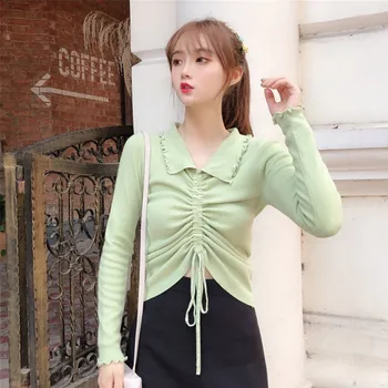 

Women Fashion Autumn Slim Fit Knit Top Casual Lace Up Turn Down Collar Knitted Pullovers Sweaters