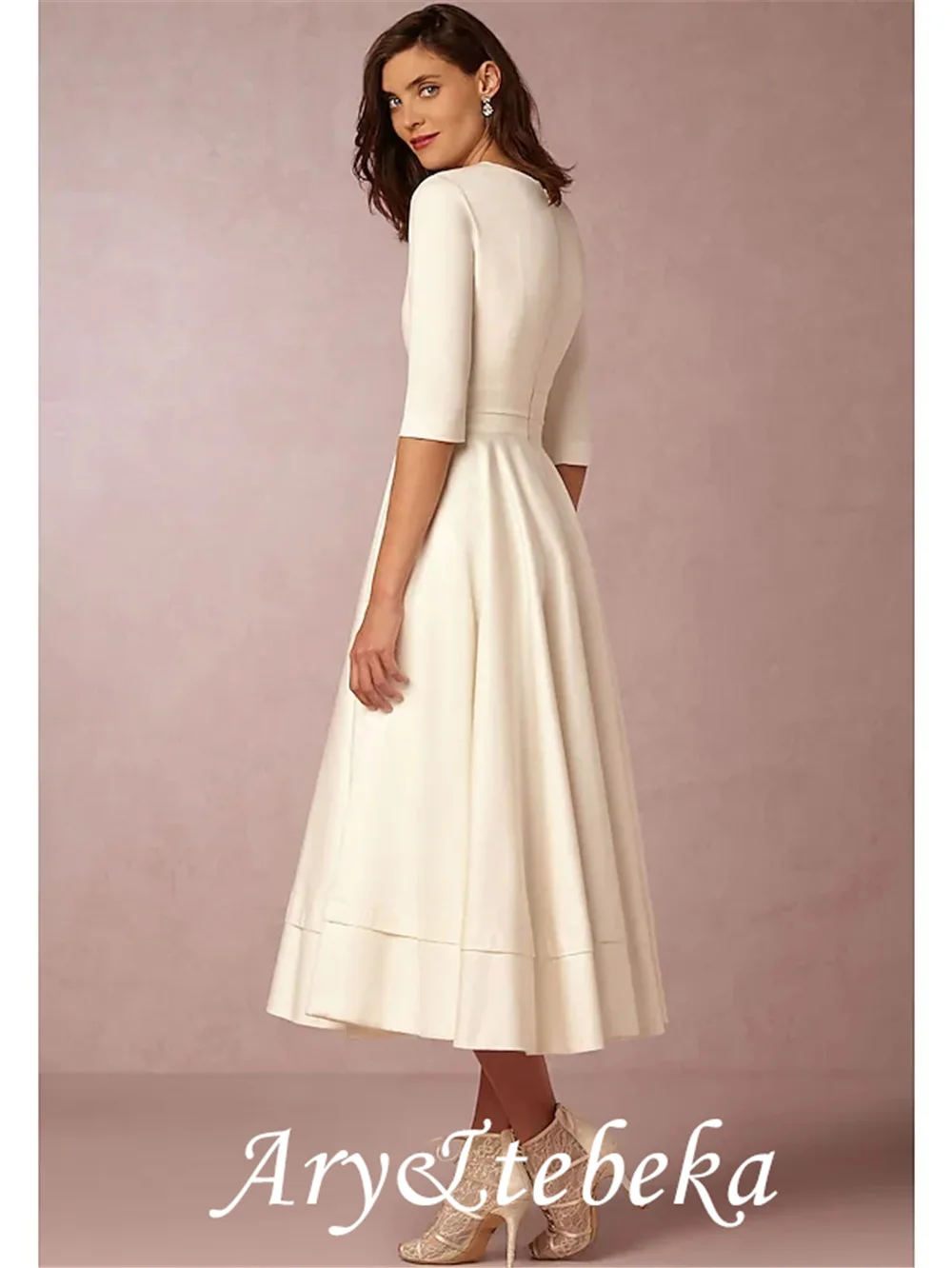 Vestido blanco minimalista con pliegues, prenda de vestir con escote en V, Media manga, longitud del té, ideal para fiestas de cóctel y San Valentín, 2021