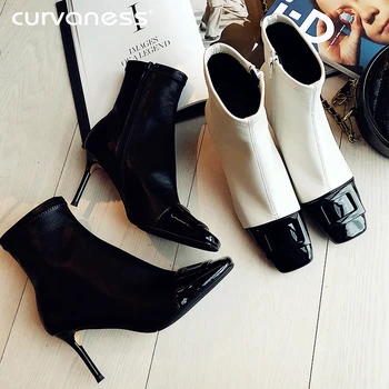 

Elastic Socks Genuine Leather High Heel Ankle Boots Boot Style Squre Toe Thin Heel Keep Warm Buckle British Style Size 33-41