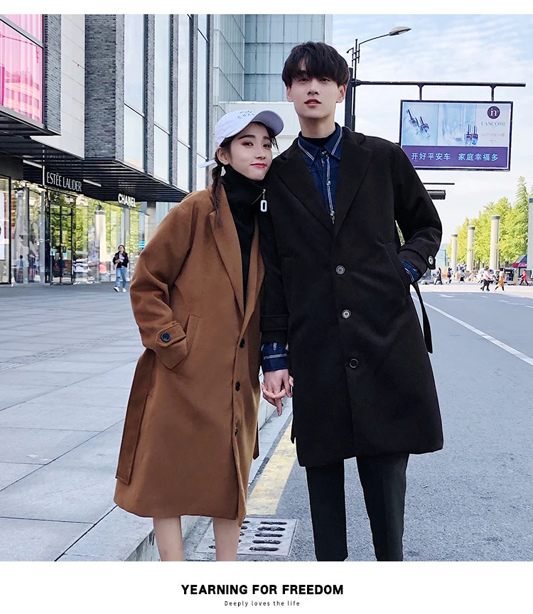 Autumn New Korean Version Of The Couple Long Section Long-sleeved Solid Color Lapel To Send Belt Men's Casual Woolen Coat