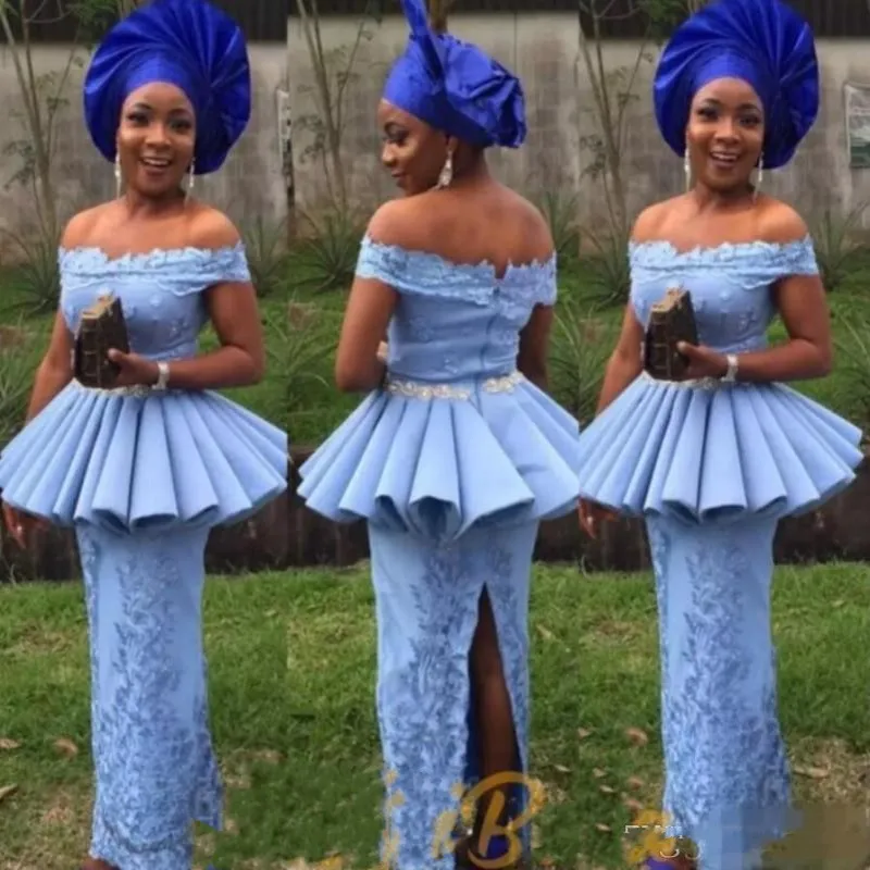 

abendkleider abiye Evening Gowns Blue Nigerian Evening Dress Sheath robe de soiree Long Formal Dresses Pleats Appliques