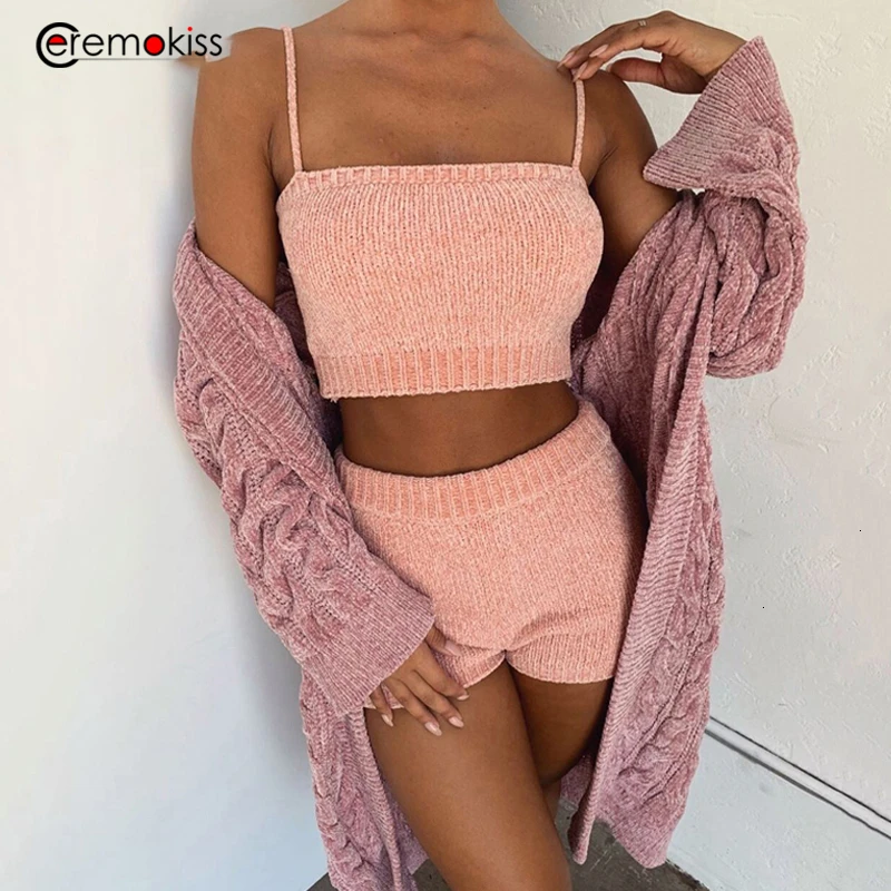 

Ceremokiss Sexy Knitted Two Pieces Set Sleeveless Solid Top And Short Women Set Female Sweater 2 Piece Set Women Elegant Outfit