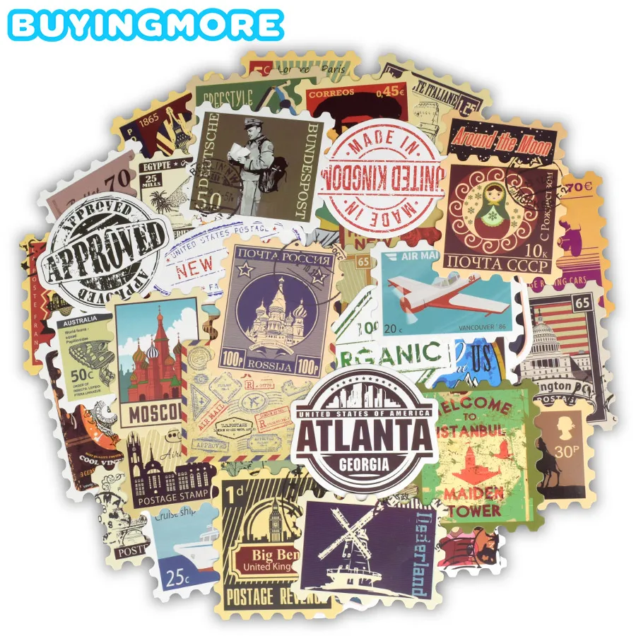 Stamp Stickers Guitar Suitcase Car-Bike Building-Postmark Postage Laptop Landmark Travel