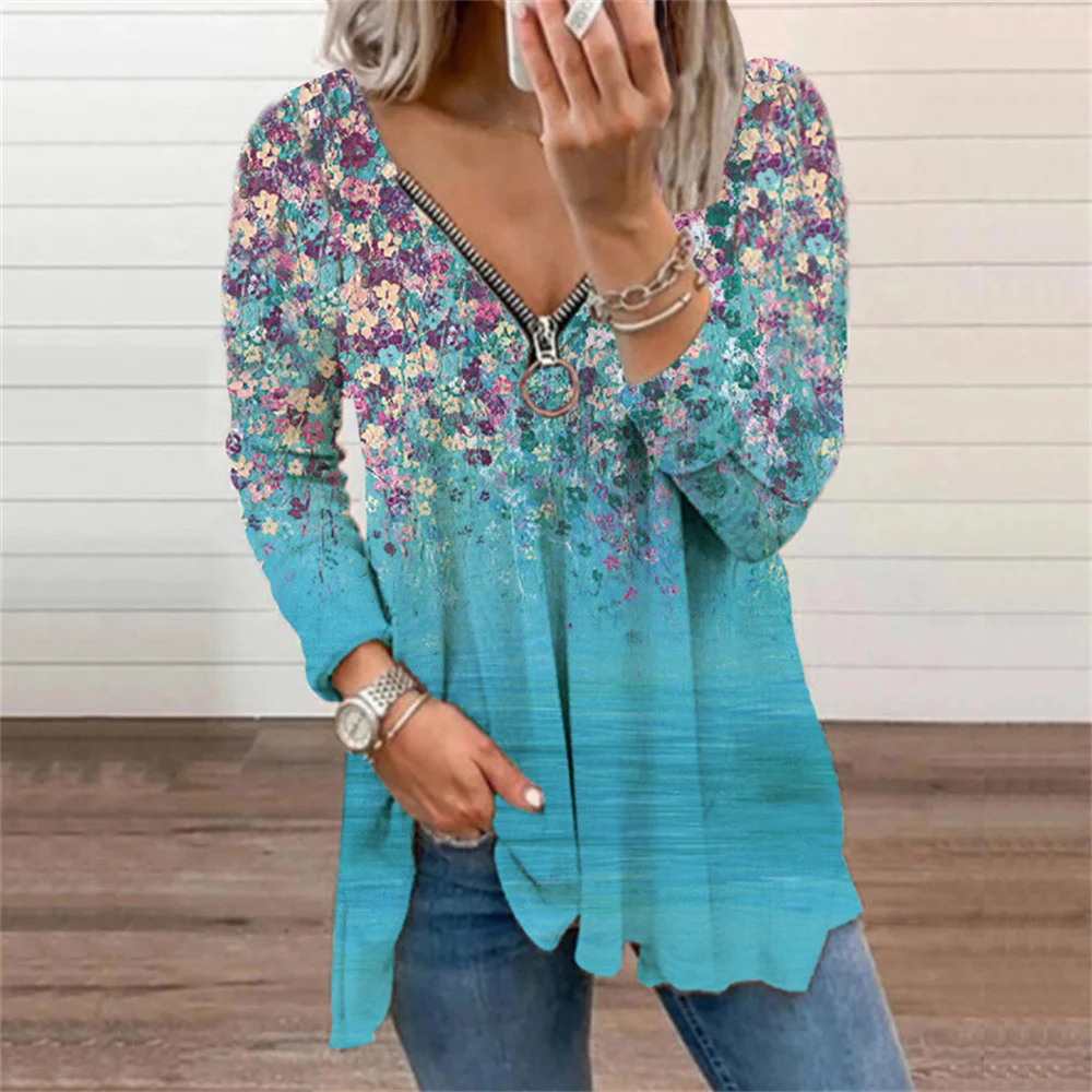 

Zipper Floral Print Long Sleeve T-Shirt Women 2021 Autumn Vintage Casual V Neck Top T Shirt Oversize Loose Ladies Street Clothes