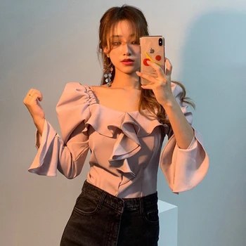 

Korean Chic Pink Ruffles Blouse Flare Slevee Square Collar Heavy Industry Double-decked Lotus Leaf Edge Slim Blouse
