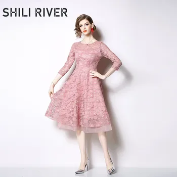 

New spring summer lace midi dress for women a line half sleeve slim casual elegant french girl cute pleated dress pink sky blue