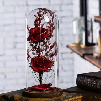 

Rose Flower LED Light In Glass Cover Dome On Wooden Base For Home Decor Rose Glass Cover LED Light Romantic Flower Light