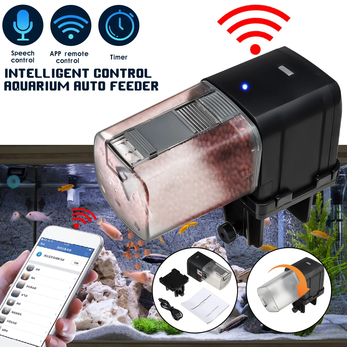 Baratos YYAQUA 175ml WIFI programable automático alimentador tanque de peces de acuario alimentador con temporizador automático de alimentos para peces WIFI Control de aplicaciones móviles