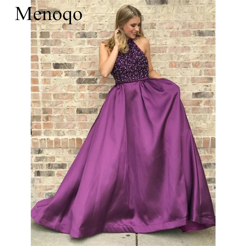 

Sparkly Purple 2019 Prom Dresses Halter Neck Sequins Beaded Sleeveless Zipper Back Girls Graduation Dresses with Pockets P27AU6