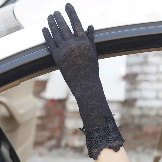 Ladies summer sun protection gloves lace anti-UV gloves black sexy breathable riding driving sunshade short gloves female 03K - Цвет: 02B Black