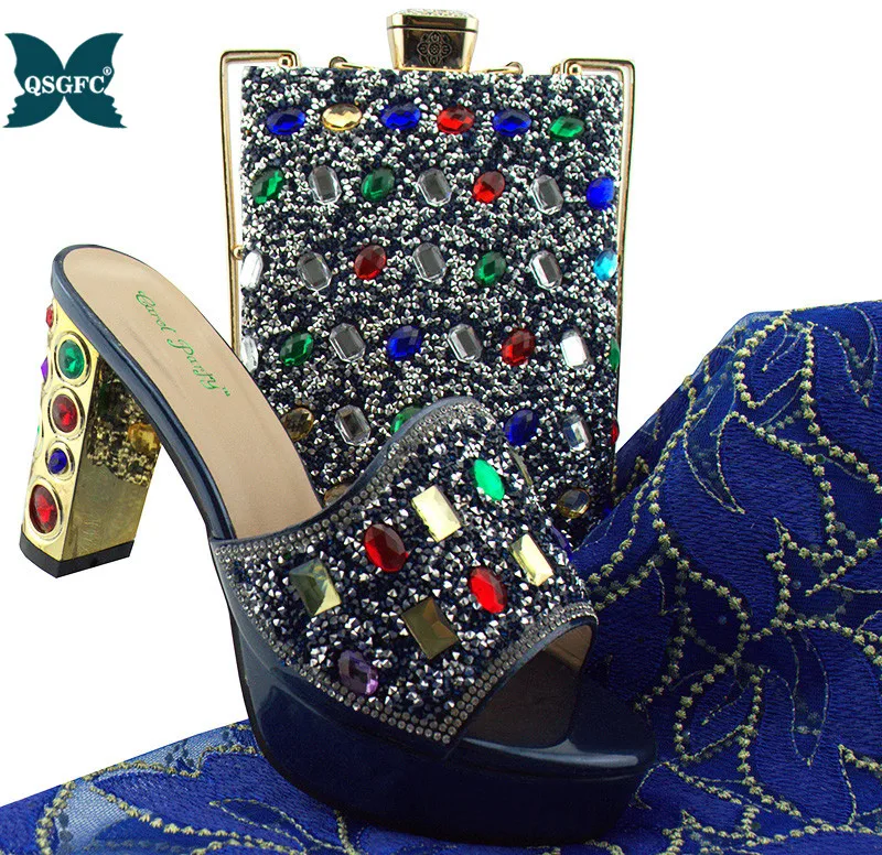 Italian desgin Ladies Matching Shoe and Bag Material with Crystal Shoes and Bags Set for Party Women Shoe and Bag To Match - Цвет: D.Blue