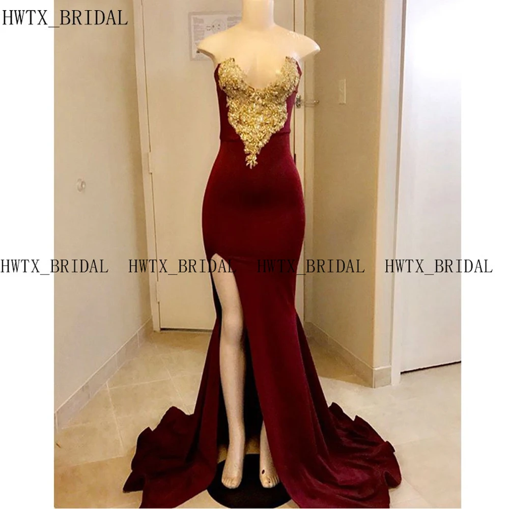 

Burgundy Long Prom Dresses 2020 Gold Lace Sexy Mermaid Satin Side Slit African Arabic Party Formal Dress Special Occasion Gown