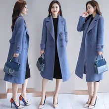 YASUGUOJI Новинка Женское зимнее длинное пальто элегантное двубортное фиолетовое пальто с поясом утолщенное Женское шерстяное пальто светильник синий