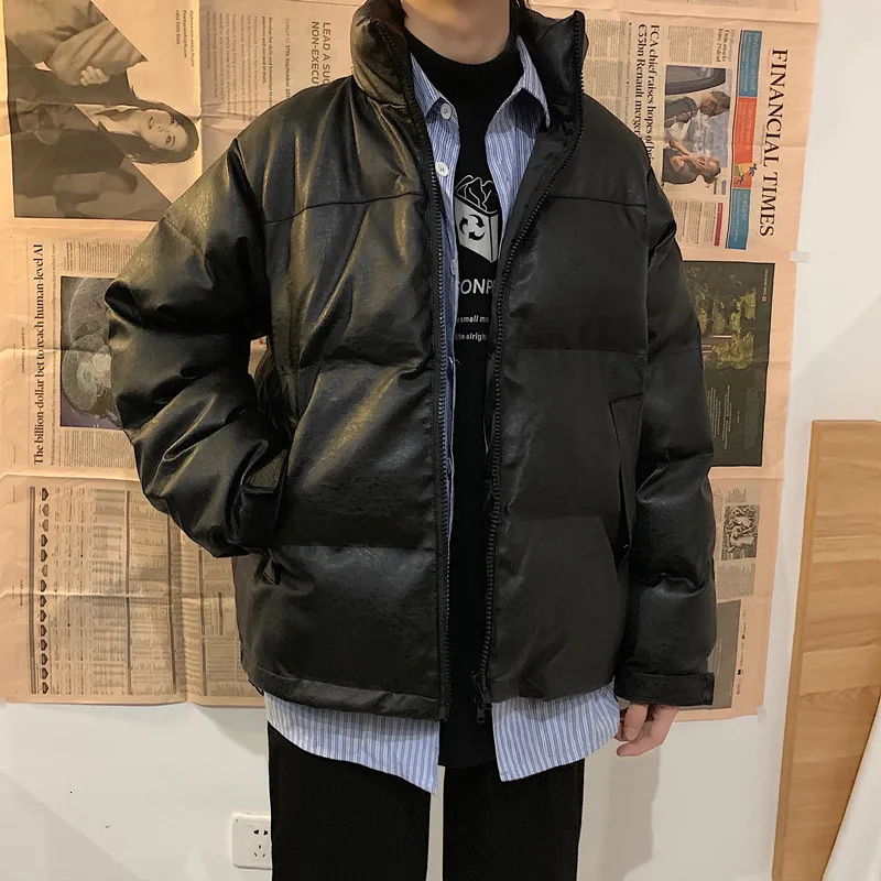 

Winter Short Leather Coat Men's Warm Thick Parka Men Fashion Collar Leather Jacket Man Loose Cotton Jacket Male Clothes Outwear