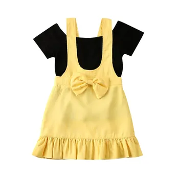 

Emmababy Toddler Kid Baby Girl Clothes Short Sleeve Top T-shirt Bowknot Ruffles Strap Dress Outfit With Bow Summer
