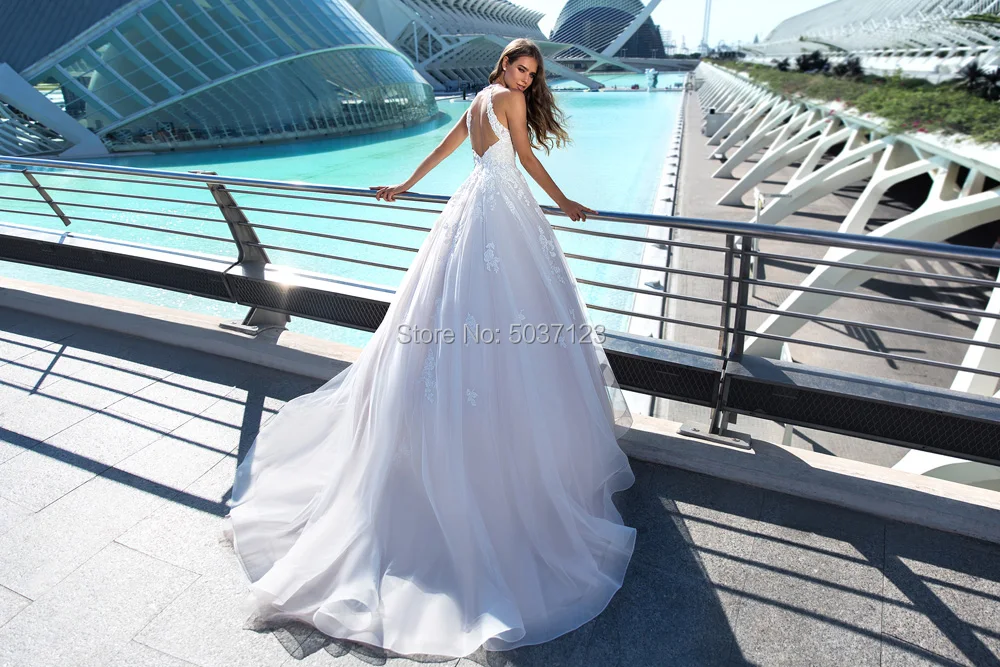Бальное платье Свадебные платья Холтер с кружевной аппликацией, без рукавов свадебное платье для невесты с открытой спиной со шлейфом Vestido De Noiva