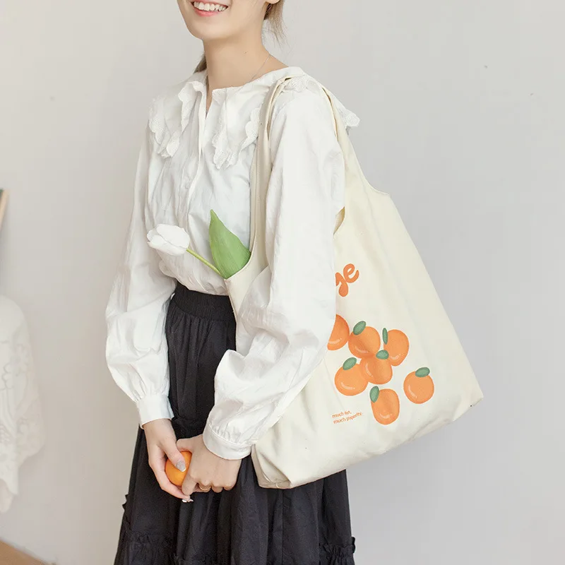 Women\'s Canvas Bag Lovely Fruit Print Orange Large Volume Shoulder Bag Artsy Preppy Style Cute Side Shopping Bag