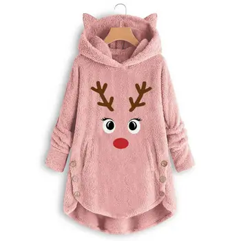 

Womens Cute Christmas Reindeer Hooded Fluffy Fur Sweatshirt Ladies Jumper Xmas Tops Cartoon Plush Nightgown Winter Warm
