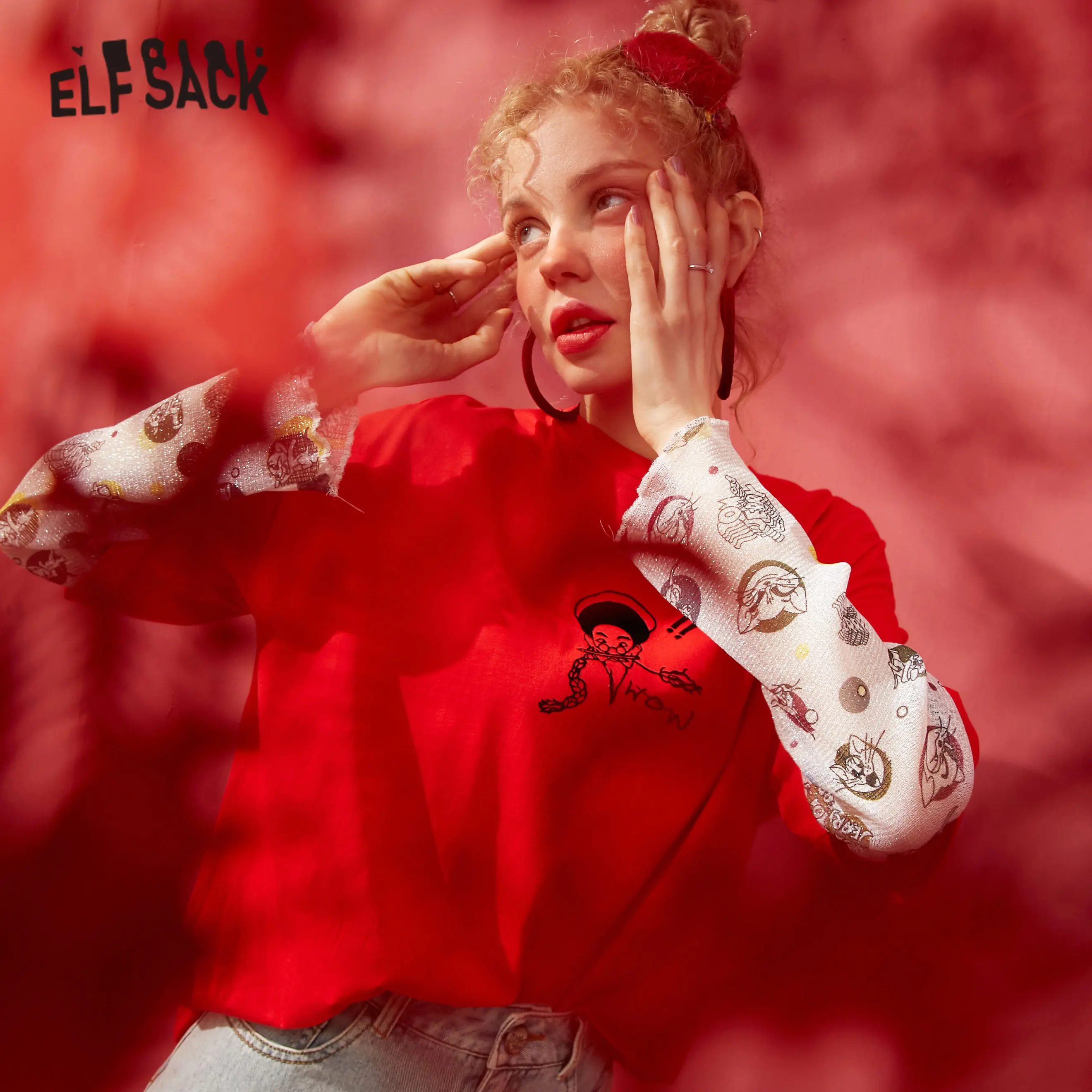 

ELFSACK Red Original Graphic Print Loose Casual Women T Shirt 2020 Spring New Black Short Sleeve Korean Ladies Basic Daily Tops