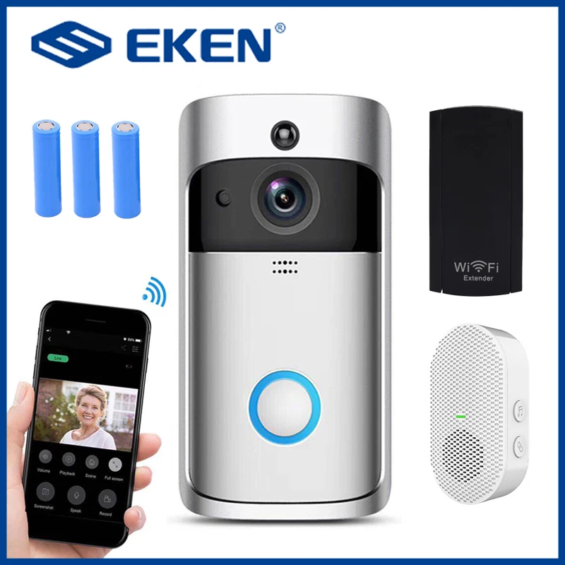 EKEN-timbre con cámara de seguridad inalámbrica, videoportero inteligente con Wifi, para apartamentos videollamada, IR, alarma, V5