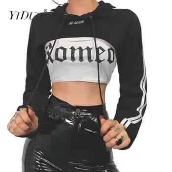 

YiDuo 2020 Punk Front Cut Out Crop Top Hoodies Sweatshirt Women Black Hip Hop Striped Letter Reflective Hooded Hoodie Streetwear