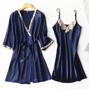 

Women Kimono Gown 2PCS Robe Set Nightdress Satin Sleepwear Nightwear Intimate Lingerie Sexy Lace Casual Bathrobe Wedding Robe