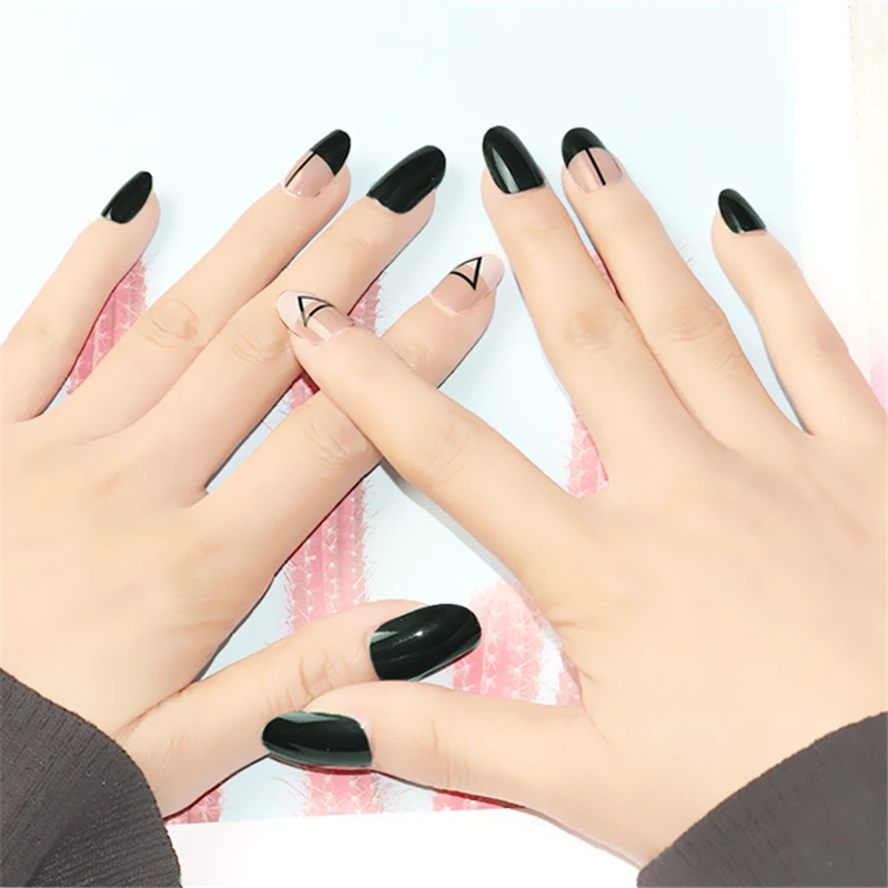 Nusx 24pcs set Dark Green Finished Fake Nails Round Head Short Full Cover Triagle Line Pattern 3