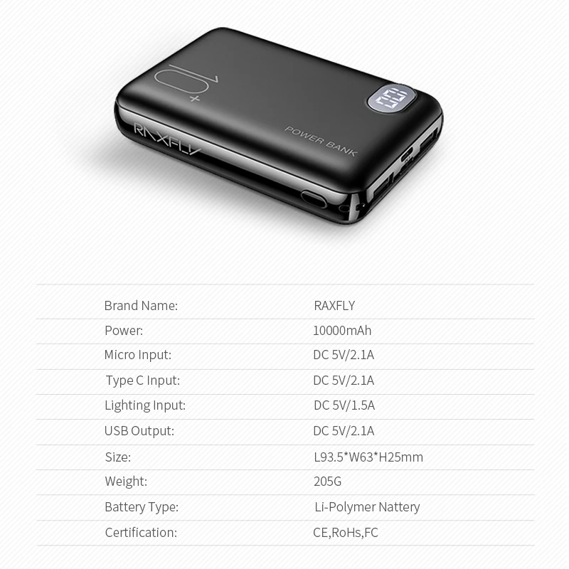 RAXFLY mi ni Power Bank 10000mAh Tragbare Led-bildschirm mi Power Für iPhone Xiao mi Dual USB Ports