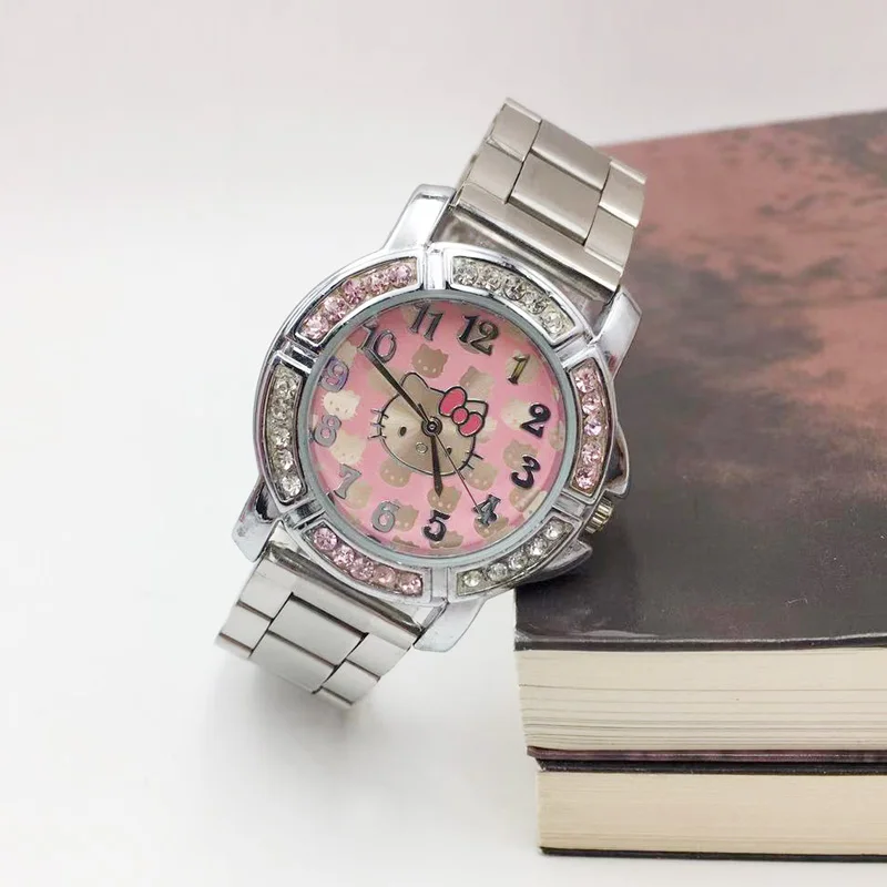 classic design hello kitty cat cartoon watch for women fashion ladies wrist watches shinning crystal pink dial stainless steel bracelet girls students clock female free shipping (10)