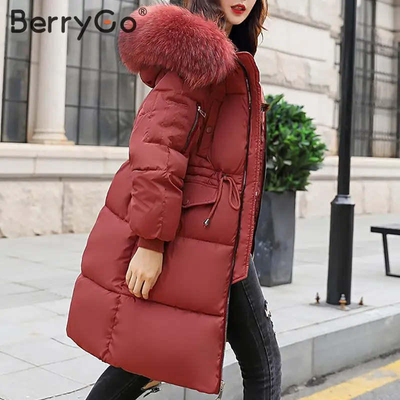 BerryGo, повседневные длинные женские парки с карманами, на молнии, на шнуровке, женская верхняя одежда, зимние теплые куртки с меховым воротником и капюшоном, женское Стеганое пальто