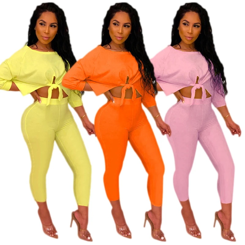 

2020 Autumn Women's Suit European and American Hot Selling Sexy Bow Navel Set Casual Solid Color Two-Piece Set