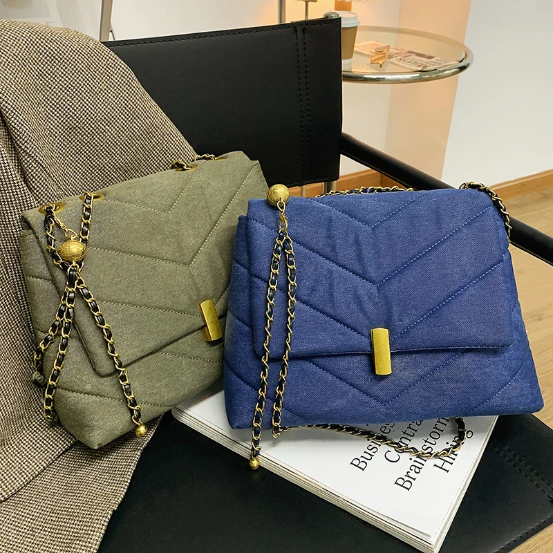 

2021 winter ladies simple style denim messenger bag trend brand shoulder bag lady handbag female trend chain underarm handbag