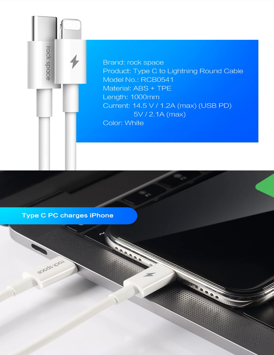 Rockspace PD type C для освещения зарядный кабель 15 Вт для iPhone X 8 Plus 11 Pro Macbook Зарядка синхронизации USB C USB-C зарядное устройство